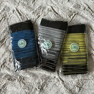 Three pairs compression socks. Size Large. Striped Socks - Blue, Gray, Yellow